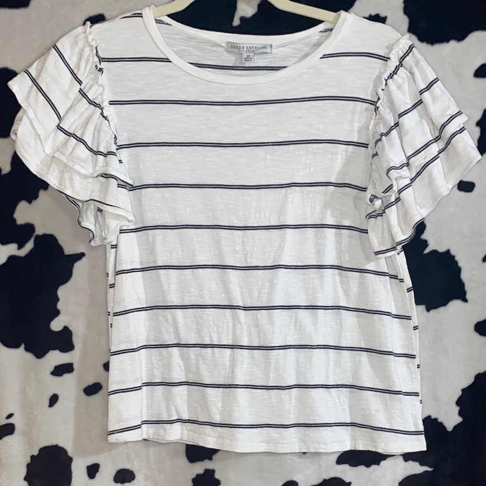 Gibson Latimer White and Black Striped Flutter Sleeve Top